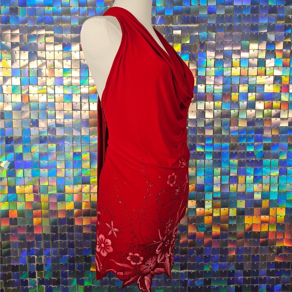 Halter Mini Dress Women Size M Red Excellent Floral Glitter Cowl Neck - Picture 4 of 10